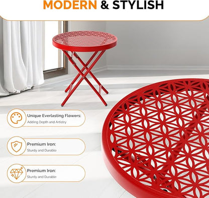 VINGLI Patio Folding Side Table, Small Outdoor Table with Everlasting Floral Pattern and Sturdy X-Shaped Metal Frame Ideal for Indoor & Outdoor Balcony, Porch, Backyard, Deck, Red, 1 Pack