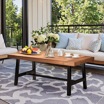 VINGLI Outdoor Wooden Coffee Table, Metal Frame Heavy Duty Patio Coffee Table for Outside, All Weather Solid Wood Low Outdoor Table for Balcony Porch and Deck, Rectangle