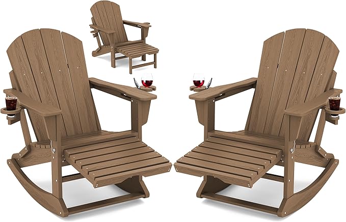KINGYES Adirondack Rocking Chair Set of 2 with Retractable Ottoman and Cup Holders, HDPE Adirondack Rocker Patio Rocking Chair for Porch, Patio, Balcony, Brown