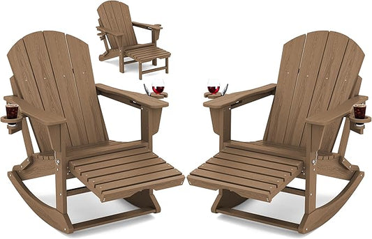 KINGYES Adirondack Rocking Chair Set of 2 with Retractable Ottoman and Cup Holders, HDPE Adirondack Rocker Patio Rocking Chair for Porch, Patio, Balcony, Brown
