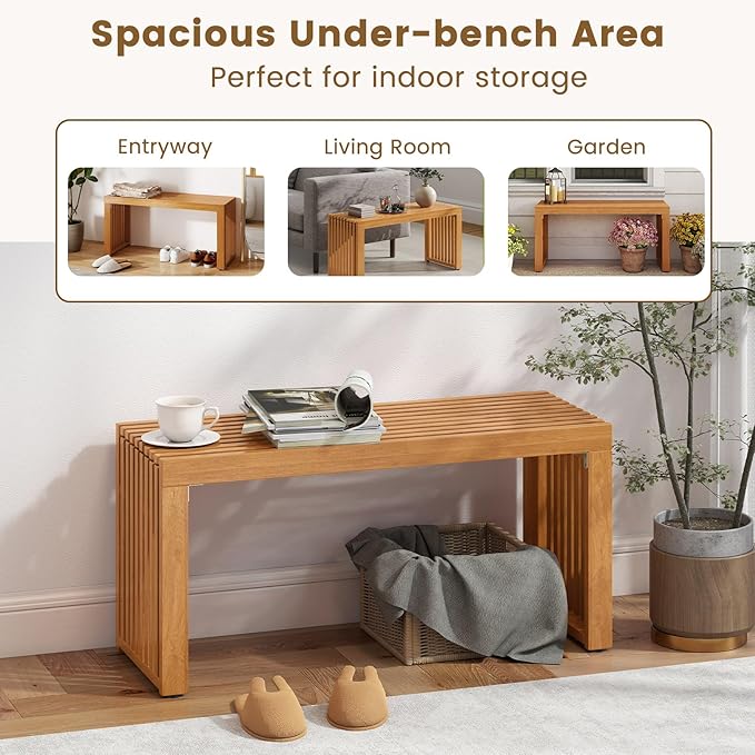 HAPPYGRILL Outdoor Acacia Wood Bench, Patio Bench with Slatted Seat & Metal Protectors, for Entryway Porch Backyard Park, 800 lbs (2)