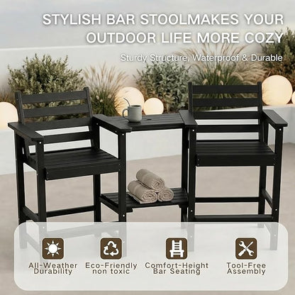 Kingdura Tall Adirondack Chairs Set of 2, Weather Resistant HDPE Bar Height Outdoor Stools with Removable Double Connecting Trays, Wooden Grain for Patio, Balcony, Deck (Black)