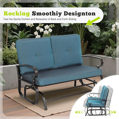 Outdoor Bench Patio Swing Glider Loveseat 2 Seats Rocking Chair, Wrought Iron Gliders for Outside Patio with Cushion (Blue)