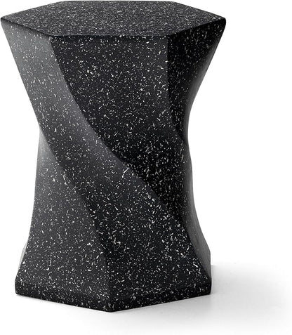 Glitzhome Outdoor Side Table, 17.75" H Decorative Garden Stool MGO Twist Faux Terrazzo End Table, Round Planter Stand for Indoor Outdoor Living Room Bedroom Patio Deck Poolside, Black