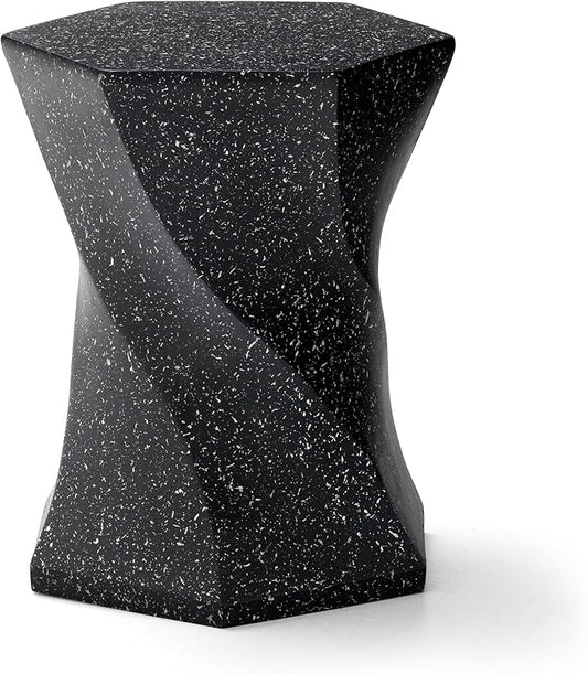 Glitzhome Outdoor Side Table, 17.75" H Decorative Garden Stool MGO Twist Faux Terrazzo End Table, Round Planter Stand for Indoor Outdoor Living Room Bedroom Patio Deck Poolside, Black