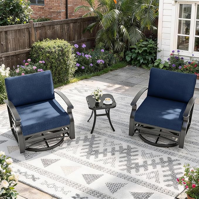 Gotland 3 Piece Patio Set, Metal Outdoor Swivel Chairs Set of 2 with 5.1’’ High-Resilience Seat Cushions Tempered Glass Coffee Table Removable Cushions for Backyard, Lawn, Porch, Navy