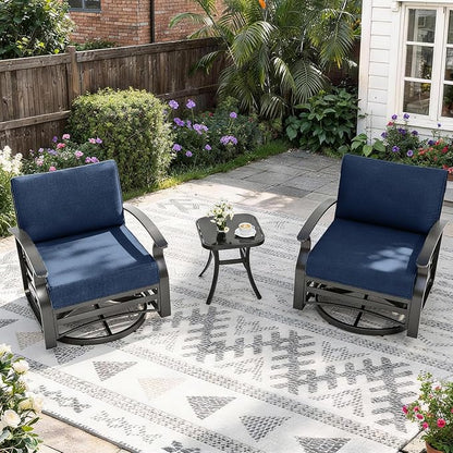 Gotland 3 Piece Patio Set, Metal Outdoor Swivel Chairs Set of 2 with 5.1’’ High-Resilience Seat Cushions Tempered Glass Coffee Table Removable Cushions for Backyard, Lawn, Porch, Navy
