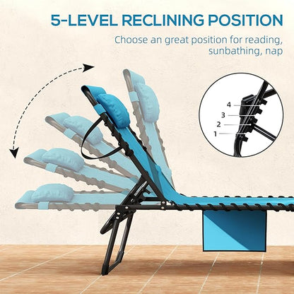 Outsunny Padded Folding Chaise Lounge Chair Outdoor Set of 2, 5-Level Reclining Patio Loungers, Tanning Chairs with Side Pocket, Headrest and Carrying Handle for Beach, Yard, Patio, Sky Blue