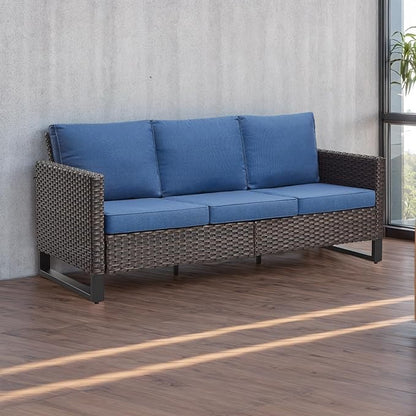 Rilyson Wicker Outdoor Couch Patio Sofa - 3 Seater Rattan Outdoor Patio Couch with Waterproof Wicker,Comfortable Cushions and Sturdy Metal Frame for Outside Porch Deck Backyard Garden(Brown/Blue)