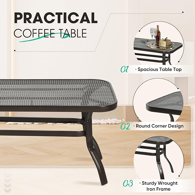 Incbruce Patio Loveseat with Coffee Table - Outdoor Bench with Cushion,2 Piece Wrought Iron Outdoor Loveseat Metal Frame Porch Furniture Set for Patio, Poolside, Garden (Brown)