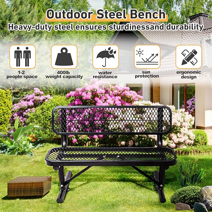 Ceridwen Outdoor Benches Heavy Duty Steel Frame Park Bench with Backrest Bench,Park Bench Steel Mesh Outdoor Bench for Garden,Weatherproof Outdoor Bench for Garden (Black, 4FT)