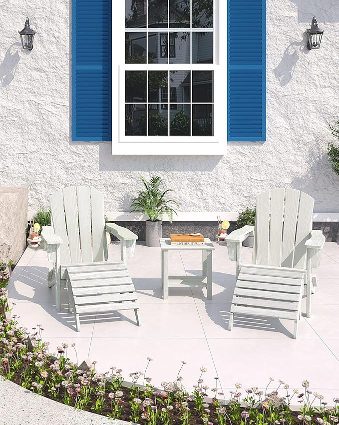 Garvee Folding Adirondack Chair with Ottoman, HDPE Outdoor Patio Chair with Cup Holder, All Weather Resistent Wooden Textured for patios, Decks, Gardens, fire Pit, White