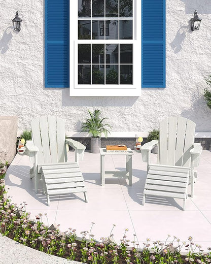 Garvee Folding Adirondack Chair with Ottoman, HDPE Outdoor Patio Chair with Cup Holder, All Weather Resistent Wooden Textured for patios, Decks, Gardens, fire Pit, White