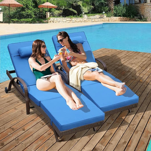 NOBLEMOOD Outdoor Lounge Chairs Set of 2 Beach Wicker Chaise Lounge with Wheels, Cushion, Adjustable Backrest for Outside Pool Sun Shelf Tanning Bathing (Blue)