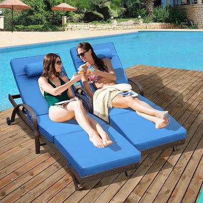 NOBLEMOOD Outdoor Lounge Chairs Set of 6 Beach Wicker Chaise Lounge with Wheels, Cushion, Adjustable Backrest and Pillow for Outside Pool Sun Shelf Tanning Bathing (Blue)