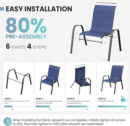 Patio Dining Chairs Set of 6, Outdoor High Stacking Chairs，Breathable Seat Fabric and Alloy Steel Frame for Backyard, Porch, Garden, Sunroom (Blue)