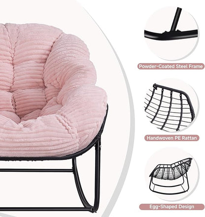 Indoor Rocking Chair, Oversized Outdoor Lounge Chair with Thick Corduroy Cushion & Straps, Wicker Modern Comfy Rocker Egg Chair for Living Room, Bedroom, Porch and Courtyard, Pink
