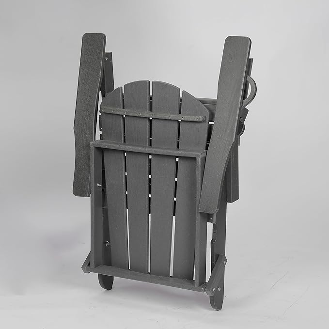 HDPE Foldable Adirondack Chair with Cup Holder Outside, Composite Outdoor Chairs with Wood Texture, Grey - Photo 4