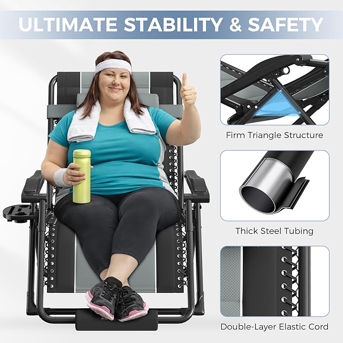 UDPATIO Oversized Zero Gravity Chair Set of 2, Outdoor Full Padded Recliner, Patio Folding Adjustable Reclining Seat with Cup Holder, Footrest & Headrest for Camping, 500LBS Support,Black/Gray,33in