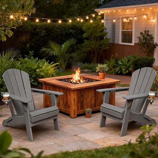 GLANC Folding Adirondack Chair Set of 2, HDPE All-Weather Outdoor Patio Fire Pit Chairs Lawn Chair for Poolside Backyard Deck Balcony, Wooden Textured with Cup Holder, 380LBS Capacity (Grey)