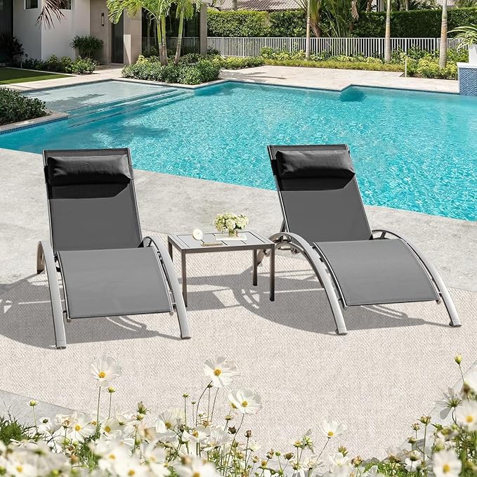 Domi Pool Lounge Chairs Set of 3, Adjustable Aluminum Outdoor Chaise Lounge Chairs with Metal Side Table, All Weather for Deck Lawn Poolside Backyard -Dark Grey Textilene