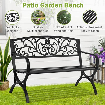 BSTOPHKL 50 Inches Outdoor Garden Bench,Metal Outdoor Furniture Patio Park Bench with Armrests Slatted Seat and Floral Design Backrest for Courtyard Porch Lawn Garden,Black