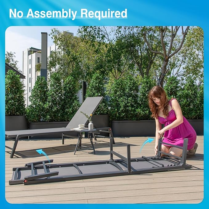 Aluminum Chaise Lounge Chair Outdoor, Foldable Patio Lounge Chair 2 Sets with Table Assemble-Free, Pool Lounge Chairs with 5 Adjustable Backrest, Outdoor Lounge Chairs for Outside Poolside Grey