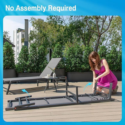 Aluminum Chaise Lounge Chair Outdoor, Foldable Patio Lounge Chair 2 Sets with Table Assemble-Free, Pool Lounge Chairs with 5 Adjustable Backrest, Outdoor Lounge Chairs for Outside Poolside Grey