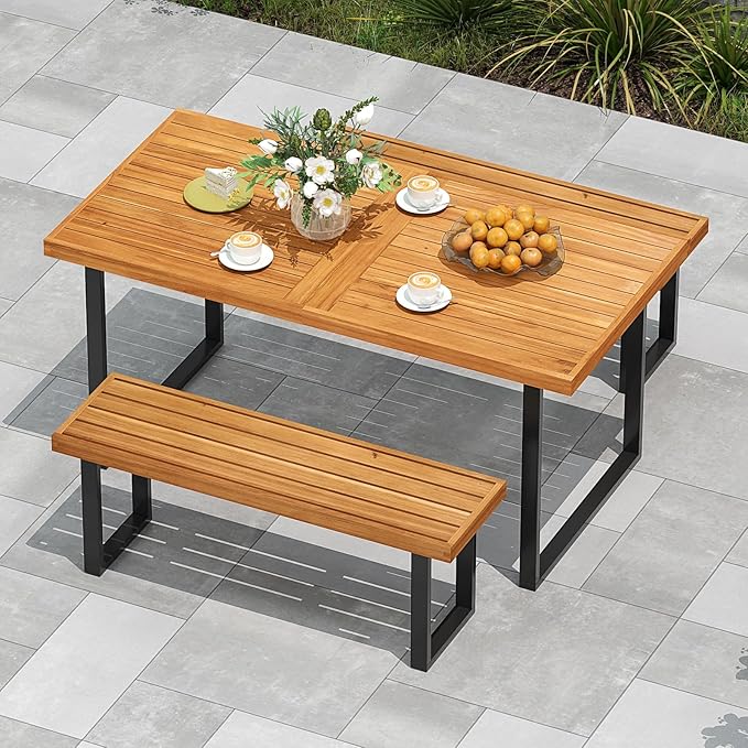 HAPPYGRILL Acacia Wood Bench for 2 People, Outdoor Dining Bench with Metal Legs & Adjustable Foot Pads, for Entryway, Garden, Poolside, Balcony, 800 LBS (2)