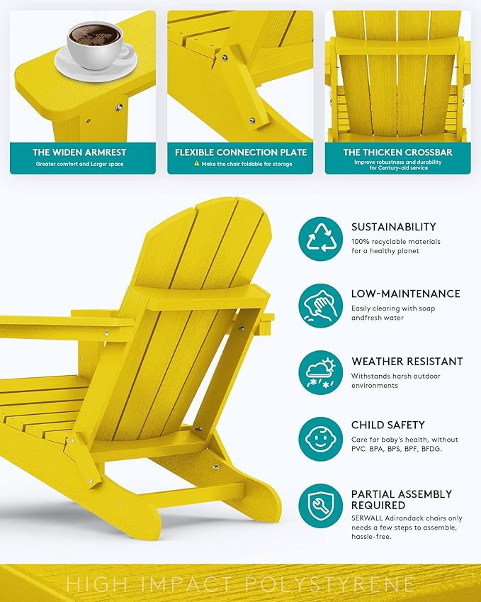 SERWALL Foldable Adirondack Chair Set of 4, Weather Resistant HIPS Patio Chairs with Cup Holder for Garden Outdoors-Lemon