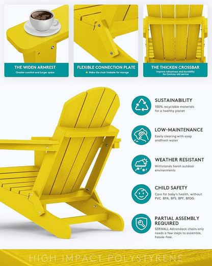 SERWALL Folding Adirondack Chair Set of 6 Painted Adirondack Chair with Cup Holder Weather Resistant for Patio Deck Garden- Yellow