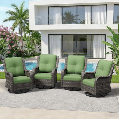4 Piece Outdoor Swivel Rocker Patio Chairs Set, Patio Chairs Set of 4 with Thickened Olefin Cushions, High Back and Deep Seating, Hand-Woven PE Rattan for Porch, Deck, Green