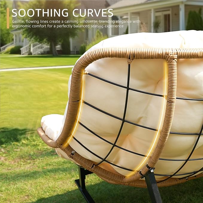 NICESOUL Oversized Double Rocking Papasan Chair with Ottoman and Cushion, Indoor Outdoor Padded Rocking Chair for 2 Person, 700 Lbs Comfy Rattan Egg Loveseat Royal Rocker for Lawn, Garden, Deck, Beige