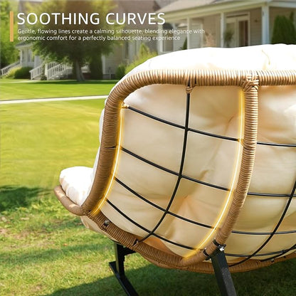 NICESOUL Oversized Double Rocking Papasan Chair with Ottoman and Cushion, Indoor Outdoor Padded Rocking Chair for 2 Person, 700 Lbs Comfy Rattan Egg Loveseat Royal Rocker for Lawn, Garden, Deck, Beige