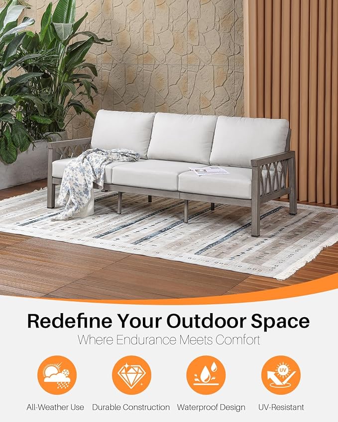 Outdoor Aluminum 3-Seat Sofa, Patio Couch with 5.9'' Thick Cushions, Weather-Resistant Outdoor Club Sofa Couch - Photo 5