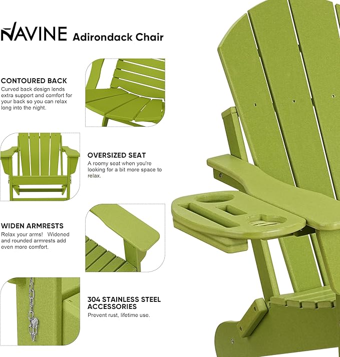 Adirondack Chair Set of 4, HDPE Folding Adirondack Chair with Multifunctional Cup Holder, Weather Resistant Fire Pit Chair for porches, patios, poolsides, Decks.