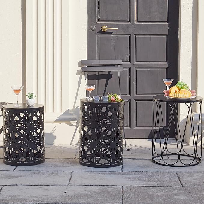 Y&M Set of 3 Garden Black Accent Decorative Stool, Nesting Metal Round Coffee Table, Black End Tables, Heavy Duty Meta Plant Stand Decorative Garden Stool, Outdoor Multifunctional Use