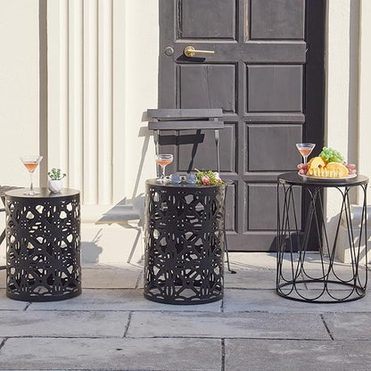 Y&M Set of 3 Garden Black Accent Decorative Stool, Nesting Metal Round Coffee Table, Black End Tables, Heavy Duty Meta Plant Stand Decorative Garden Stool, Outdoor Multifunctional Use