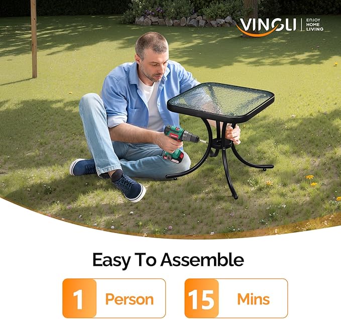 VINGLI Outdoor Side Table, 18" Patio Table Steel Frame Tempered Glass Top, Weatherproof Small Tables for Balcony Garden Poolside (Black, Square)