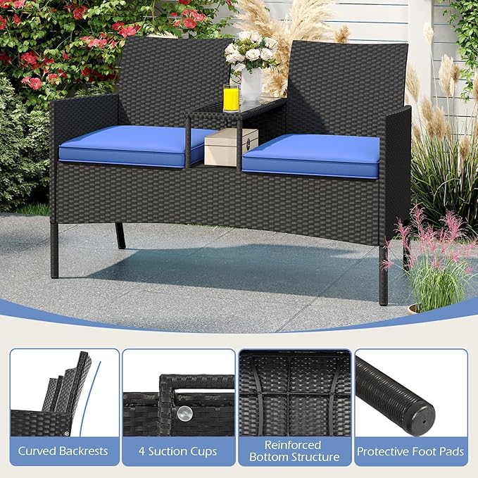 HAPPYGRILL Outdoor Rattan Loveseat, 2-Seat Patio Conversation Set with Built-in Coffee Table, Cushions, Wicker Bench Furniture for Backyard, Garden, Balcony, Porch (Navy)