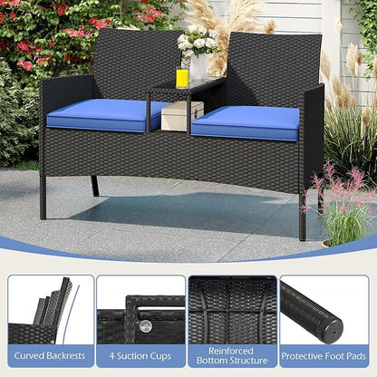 HAPPYGRILL Outdoor Rattan Loveseat, 2-Seat Patio Conversation Set with Built-in Coffee Table, Cushions, Wicker Bench Furniture for Backyard, Garden, Balcony, Porch (Navy)
