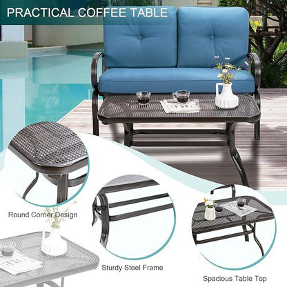Giantex Patio Loveseat with Coffee Table Outdoor Bench with Cushion and Metal Frame, Loveseat Porch Furniture Set Sofa for Garden, Yard, Patio or Poolside (Navy & Black)