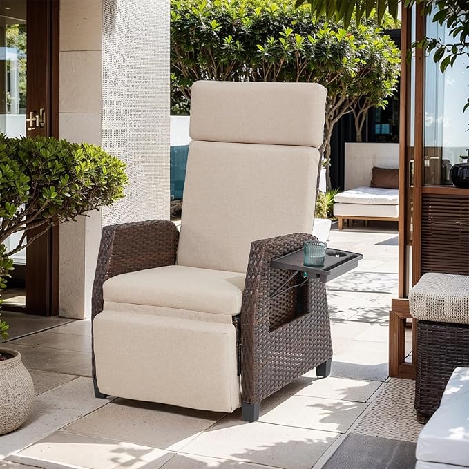 Outdoor Patio Recliner Chair, Outdoor Recliner with Side Table & Adjustable Backrest up to 180¡ã Flat, Rattan Reclining Chair, Wicker Reclining Lounge Chair for Balcony, Porch, Beige