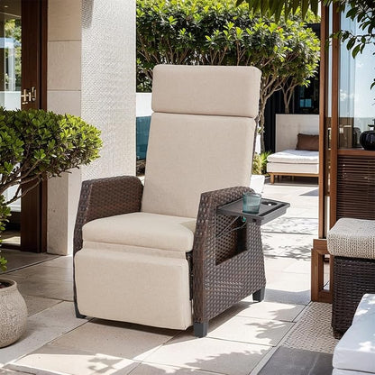 Outdoor Patio Recliner Chair, Outdoor Recliner with Side Table & Adjustable Backrest up to 180¡ã Flat, Rattan Reclining Chair, Wicker Reclining Lounge Chair for Balcony, Porch, Beige