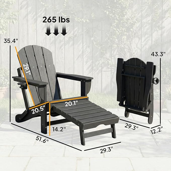 Outsunny Folding Adirondack Chair Set of 2, Outdoor HDPE Fire Pit Chair with Retractable Ottoman, Cup Holder and Large Seat for Deck, Garden, Backyard, Black