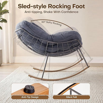 Oversized Outdoor Rocking Chair, Egg Patio Papasan Chair, Comfy Rocker Reading Lounge, for Porch, Garden, Bedroom, Living Room, Balcony, Indoor, Dark Gray