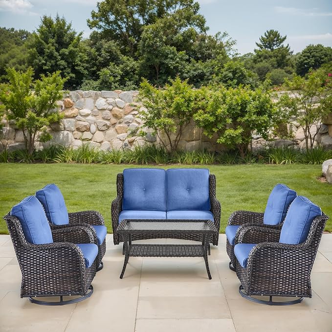 Patio Loveseat Glider Set, Resin Wicker Loveseat Glider with 4 Swivel Patio Chiars Coffee Table, 6 Piece Patio Conversation Set PE Rattan Loveseat Set, Brown Wicker|Blue Cushions