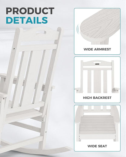 Ciokea Oversized Outdoor Rocking Chairs Set of 4, 380lbs Heavy-Duty Large Patio Rocker, High Back Cozy Porch Chairs, Weather Resistant Patio Rocking Chairs for Outside, Fire Pit, Deck, White