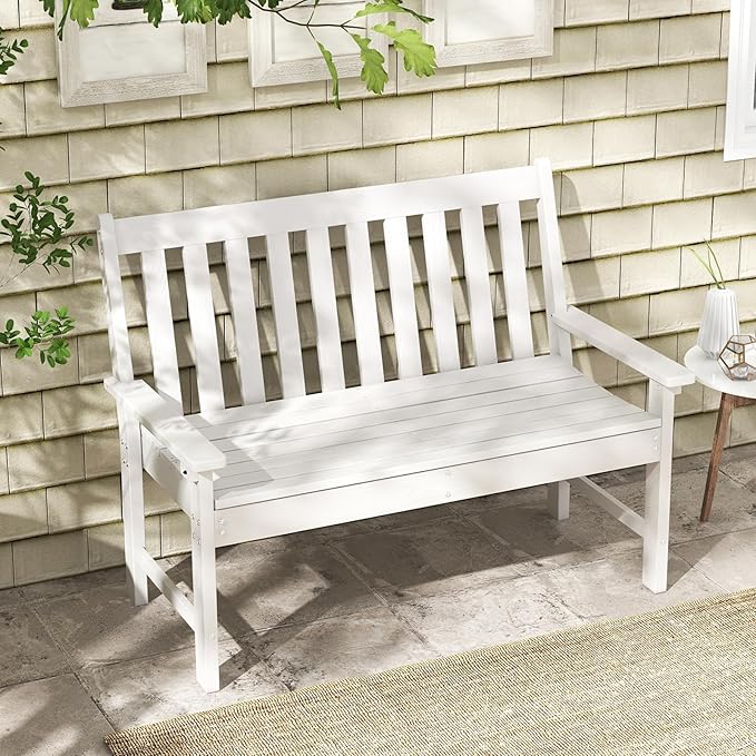 RELAX4LIFE 2-Person Patio Outdoor Bench - 52’’ All-Weather HDPE Garden Bench with Armrests & Slatted Backrest, Patio Bench for Front Porch Park Poolside Backyard, 705 LBS Weight Capacity (White)