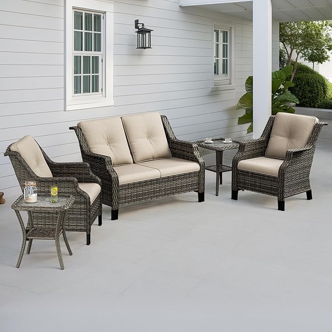 5 Piece Patio Furniture Set, 2-Seater Loveseat, 2 Chairs and 2 Side Tables - Photo 1